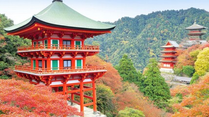 Fototapeta premium Scenic Pagoda: The vibrant colors of autumn embrace ancient Japanese pagodas, nestled serenely amidst a picturesque landscape. A visual story of history and tranquility.