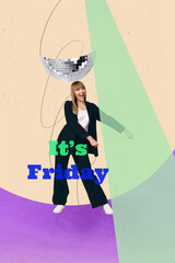 3d sketch image vertical collage of happy girl guy dance disco ball friday mood celebration party chill occasion enjoy nightclub