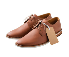 A stylish pair of brown leather dress shoes with price tags displayed.