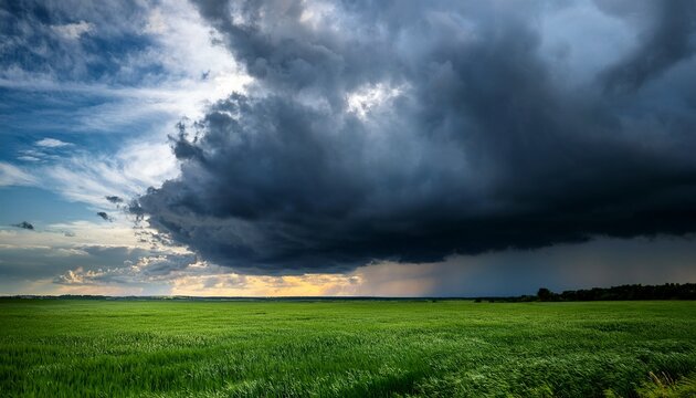 a captivating view of dark dramatic storm clouds rolling over a vast green field creating a unique contrast and a sense of impending weather changes in nature