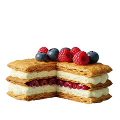 Layered pastry with cream and red currants, topped with raspberries and blueberries on transparent background.