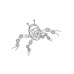 A minimalist black and white line art drawing of a nanorobotic insect-like drone or bug. This illustration represents futuristic technology, nanotechnology, and the concept of artificial intelligence 