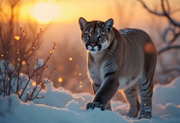 Majestic Cougar Strolls Through Winter Snow at Sunset