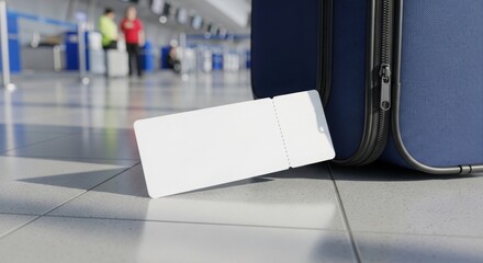 Lost in Transit: A Blank Boarding Pass Lies Abandoned Beside a Blue Suitcase at a Busy Airport Terminal, Representing Travel Mishaps and the Uncertainty of Air Travel