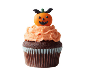 A delicious Halloween cupcake with pumpkin and bat decorations.