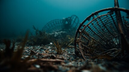 Lost fishing net resting on ocean seabed, representing ghost gear pollution problem in marine ecosystem. Underwater environmental damage caused by abandoned, discarded, or lost fishing equipment