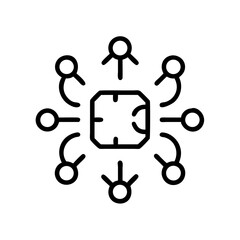 Outline icon showing multiple human figures connected to a central AI chip, representing collaborative intelligence and networked technology.
