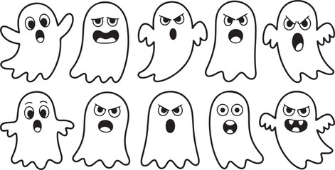 Cute Ghost Silhouette Art with Various Expressions Halloween Decor Design