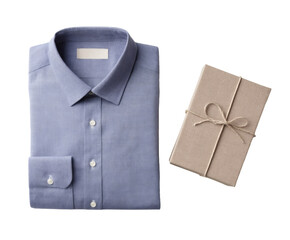 A neatly folded blue dress shirt with a gift wrapped in brown paper.