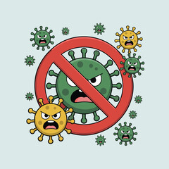 Cartoon virus stop sign vector illustration isolated on white background