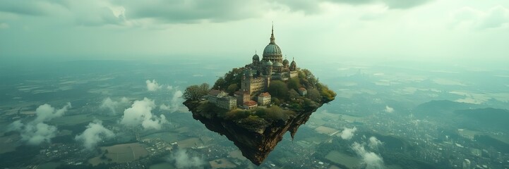 Skyward Sanctuary: A breathtaking view of a floating island, teeming with a stunning architectural marvel rising majestically, suspended in a tranquil, picturesque sky.