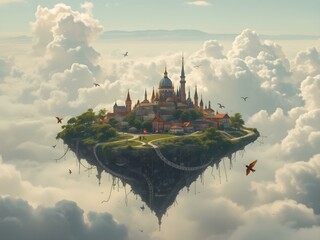 Floating City in the Sky: A majestic city rests peacefully amidst a sea of fluffy clouds. the scene features a picturesque landscape, inviting the viewer into a realm of fantasy and wonder.