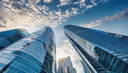 Naklejka premium stunning aerial view of modern skyscrapers with reflective glass facades against cloudy sky