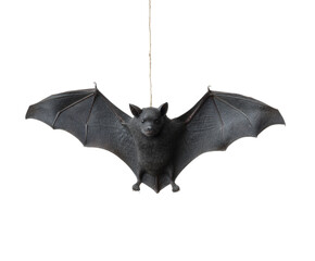 A black bat with wings spread wide hangs, captured in a detailed portrait against darkness.