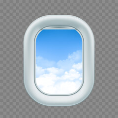 Aircraft window or porthole. View of the blue sky with clouds. Template isolated on transparent background