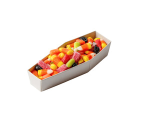 Colorful halloween candy assortment in a white box, perfect for the holiday season.