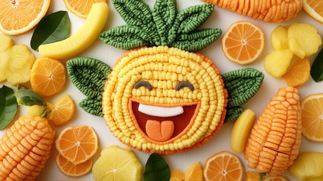 Playful Fruit Art: A whimsical and colorful arrangement of fresh fruit pieces, playfully crafted into a smiling face, celebrating healthy eating and vibrant, joyful moments.