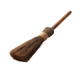This is a close-up of a vintage broom with a wooden handle.