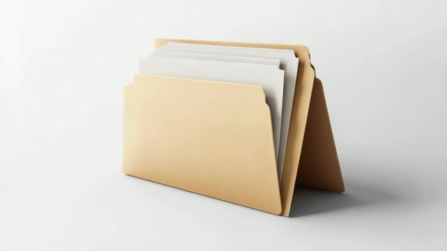 Beige file folder holding multiple white documents, realistic style, isolated on a light background. Concept of organization and office work