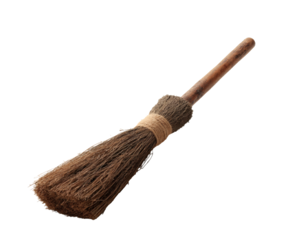 This is a close-up of a vintage broom with a wooden handle.