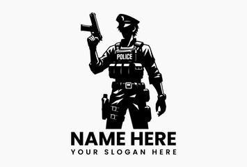 Stylized black silhouette vector logo of a police officer holding a firearm in a serious expression, representing law enforcement.