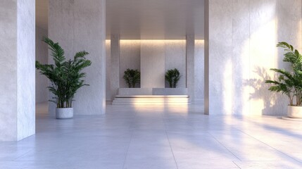 Fototapeta premium A minimalist, sunlit interior hallway, featuring white marble pillars and lush plants