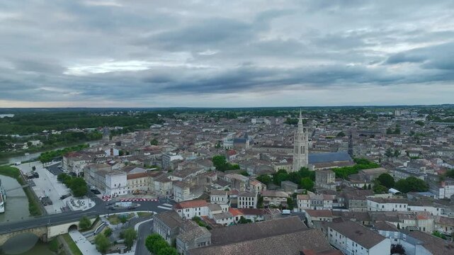 Twilight over Libourne from a drone, Gironde, Nouvelle-Aquitaine, Saint-&Eacute;milion and Pomerol, Southwestern France, Europe