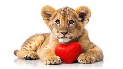 Obraz premium Long Exposure Lion Cub Red Heart Photography, Cute Wildlife Night Photo, Adorable Baby Lion Heart Shaped Light Trails, Magical Animal Portrait