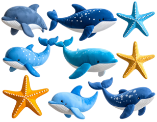   - Adorable Colorful Plush Marine Creatures Collection, isolated on a transparent background.