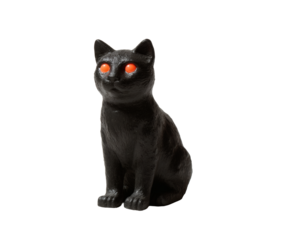 A black cat figurine with glowing orange eyes, perfect for halloween.
