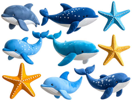   - Adorable Colorful Plush Marine Creatures Collection, isolated on a transparent background.