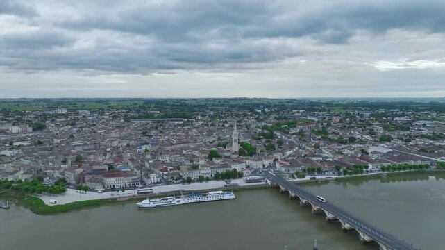 Twilight over Libourne from a drone, Gironde, Nouvelle-Aquitaine, Saint-&Eacute;milion and Pomerol, Southwestern France, Europe