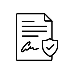 Signed document and shield icon representing security. It features a document with a signature and a shield icon with a checkmark, representing protection