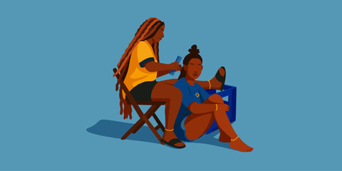 Vector illustration of two young Black Brazilian women braiding hair outdoors in a favela, sitting on wooden chair and blue plastic crate, wearing Brazil soccer jerseys, flat and minimalist style