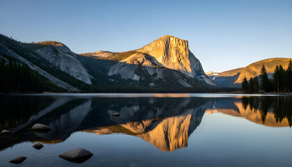 Serene lake reflecting majestic mountains and lush forest under golden sunrise