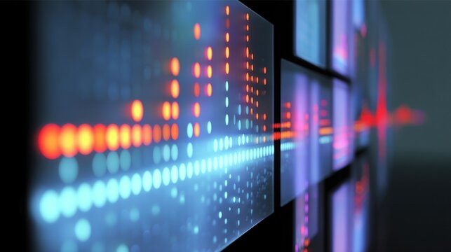 Closeup of a smart lighting control panel in an art gallery showcasing realtime data on lumens consumed integrating blockchain technology for transparent billing processes for artists.