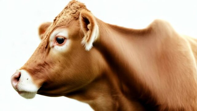 Close-up of a brown cow&rsquo;s head with soft fur texture, realistic style, isolated on white background. Concept of livestock, rural life, farming