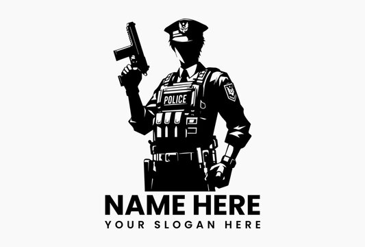 Stylized black silhouette of a police officer in uniform holding a firearm with a serious expression. Law enforcement concept - Powered by Adobe