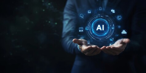 Artificial Intelligence and Modern Technology Concept with Businessman Holding Another Hand, Holding a Virtual Circle Showing the "AI" Symbol on a Digital Screen in the Dark Background