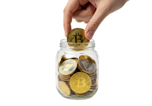 Isolated Hand Placing Bitcoin in Jar with Crypto Currencies