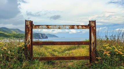 An old, rusted gate blocking access to a scenic garden, symbolizing an impediment to exploration and discovery