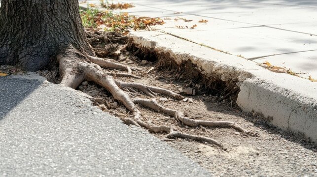 Tree roots breaking through a concrete sidewalk, symbolizing how nature can impinge on urban structures