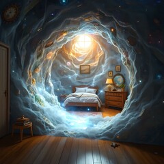 Dreaming in Space: A surreal bedroom with an open portal reveals the vastness of the cosmos, creating a fantastical dreamscape for contemplation and imagination.