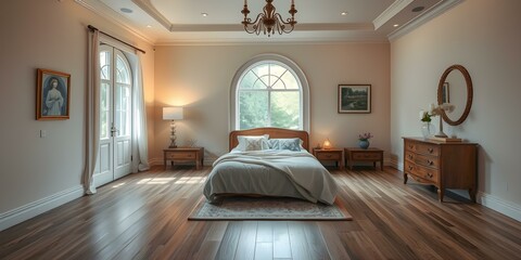 Luxury Bedroom: The interior of a spacious bedroom, bathed in soft light, showcases a harmonious blend of modern comfort and timeless elegance.