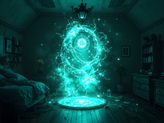 Mystical Portal in Room: A captivating scene of a circular portal emanating vibrant, electric blue energy within a dimly lit room, creating a sense of mystery and intrigue. 