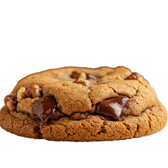 A freshly baked chocolate chip cookie with a golden-brown exterior and melted chocolate chunks. The cookie has a soft texture and is placed on a transparent background.