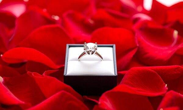 Sparkling Diamond Engagement Ring in a Box Surrounded by Vibrant Red Rose Petals