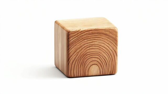 Wooden cube showing detailed tree rings and smooth surface, realistic style, isolated on white, symbolizing nature and simplicity