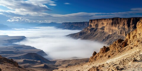 Vast canyon landscape with layered rock formations and a dense fog filling the valley under a partly cloudy blue sky.