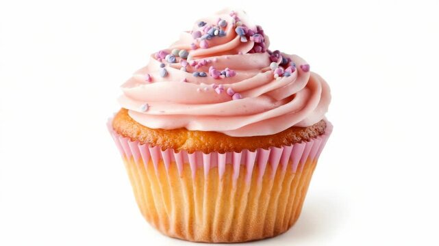 Sweet vanilla cupcake with swirled pink frosting and colorful sprinkles, realistic style, isolated on white background, concept of dessert